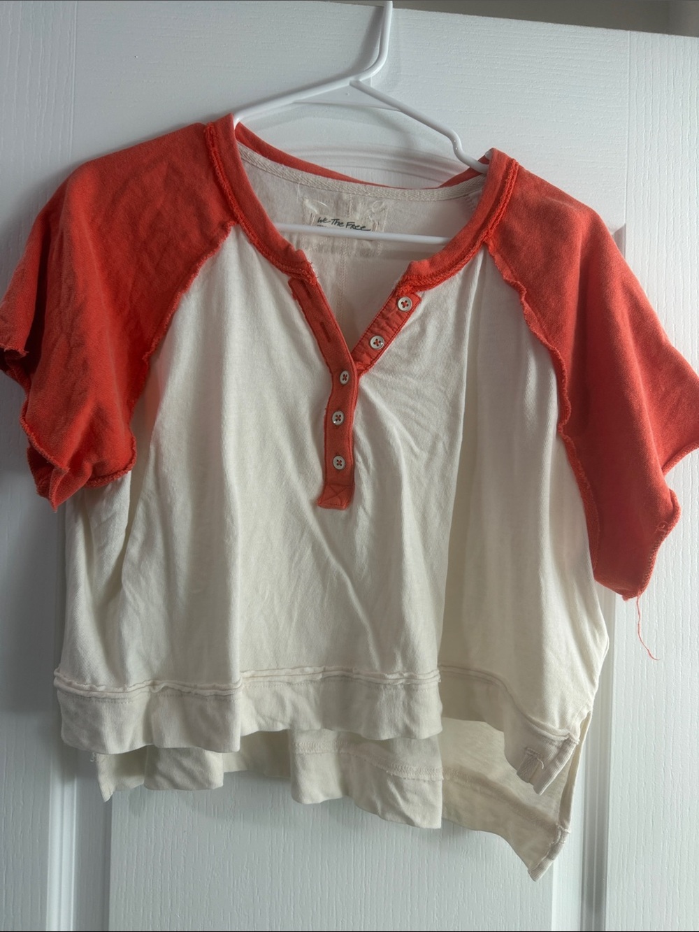 Free People Cream & Coral Short Sleeve Henley Top